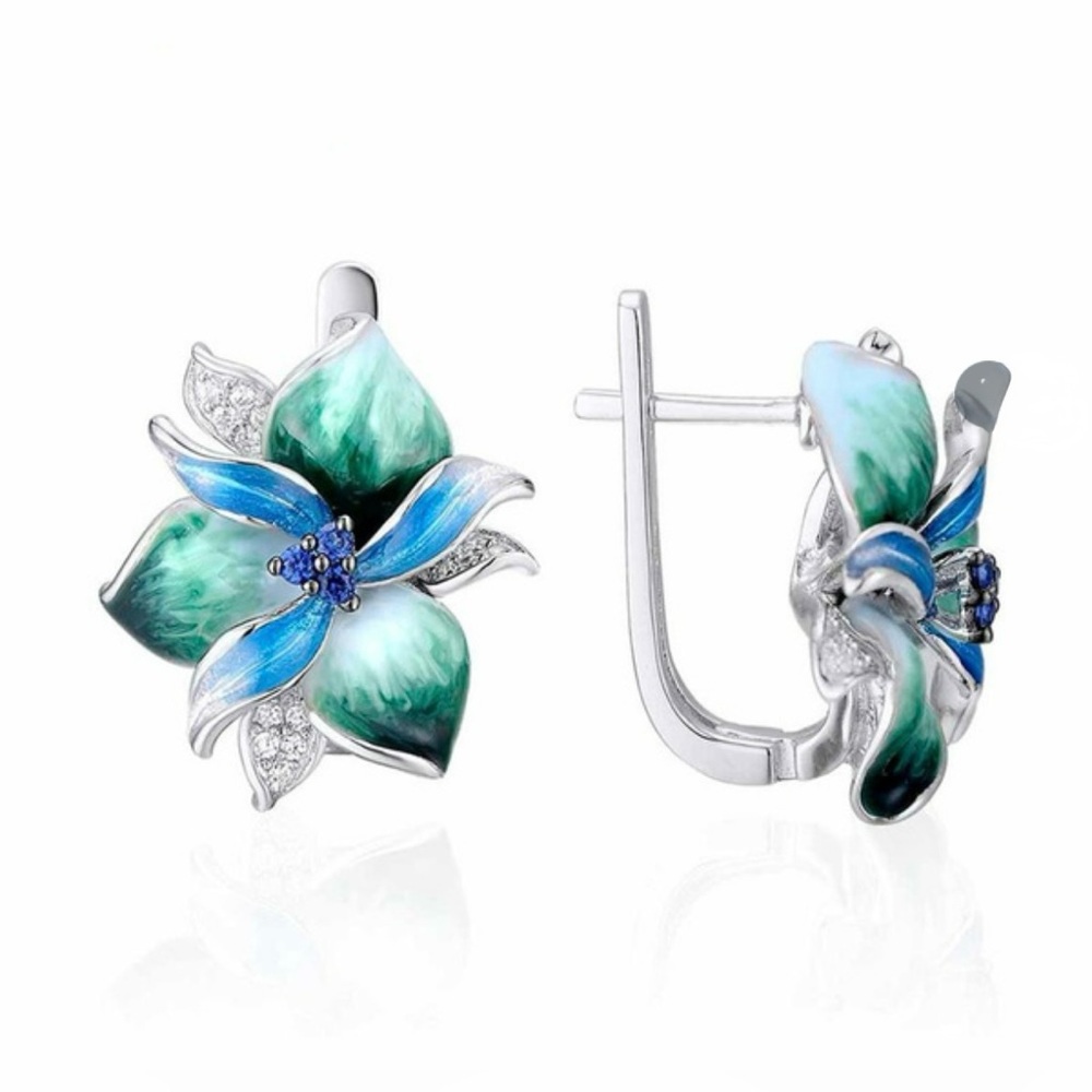 NWT Sterling Silver Micro Pave Diamond & Blue Enamel Flower Earrings!